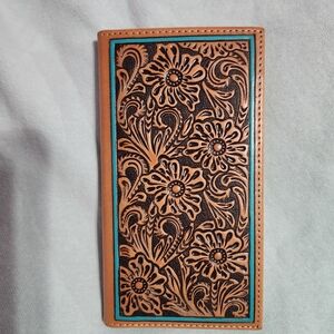 Ariat®  Rodeo Floral Turquoise Outline Bifold Wallet Tan Leather Card Holder